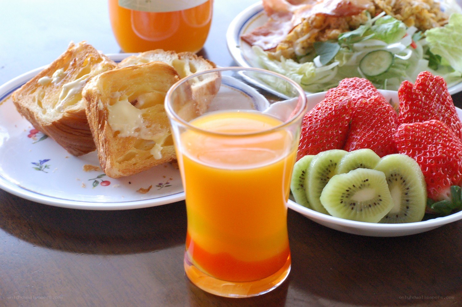 Breakfast with fruit and juice
