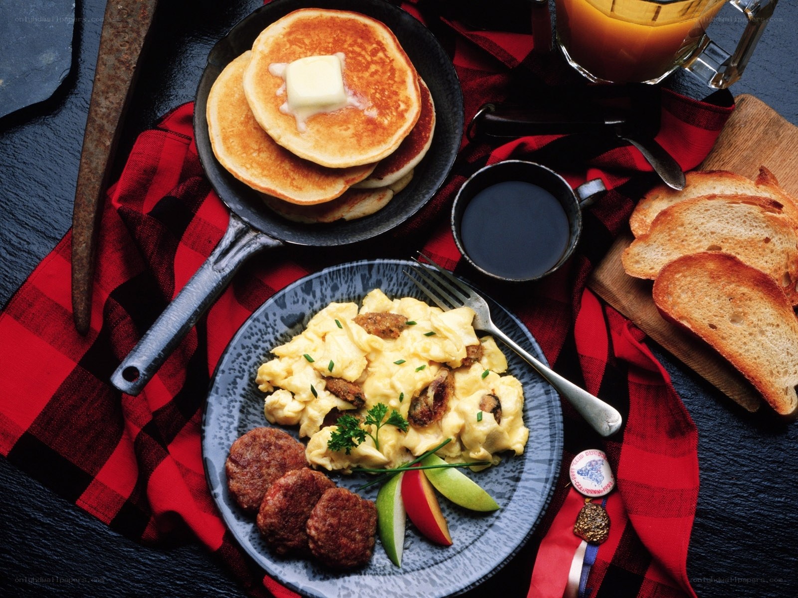 Breakfast with pancakes and eggs