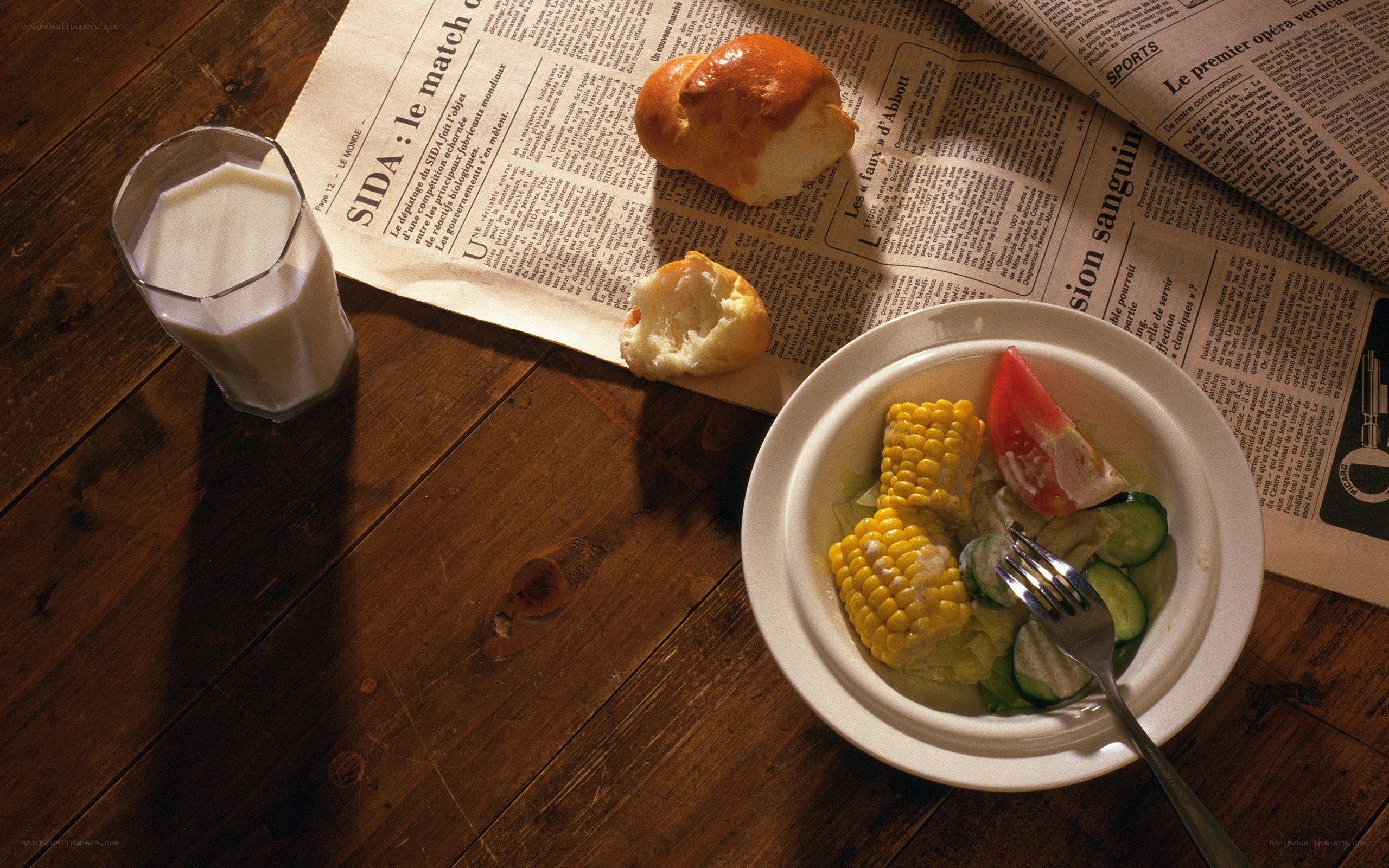 Breakfast with salad and milk