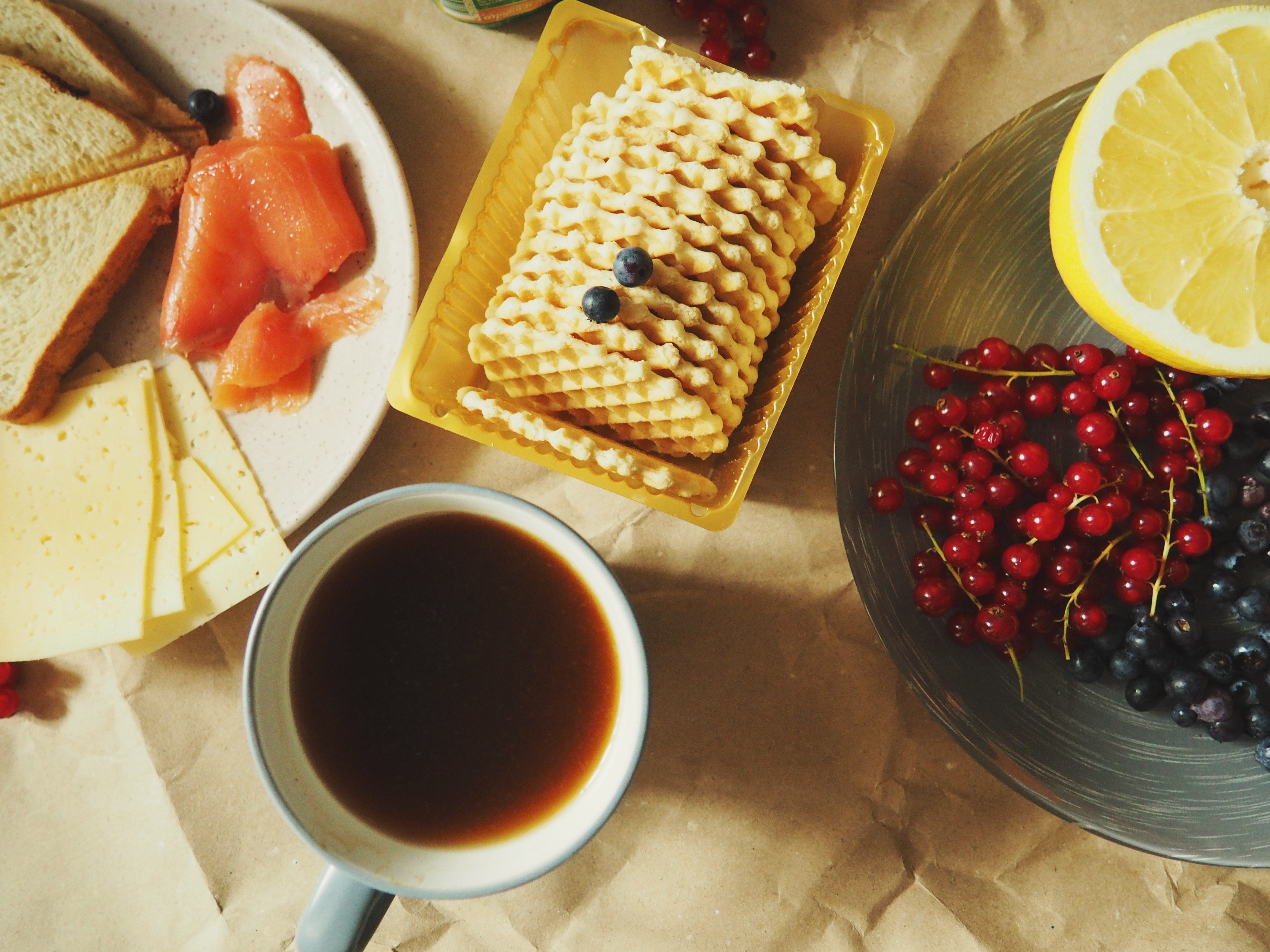 Breakfast with waffles and berries