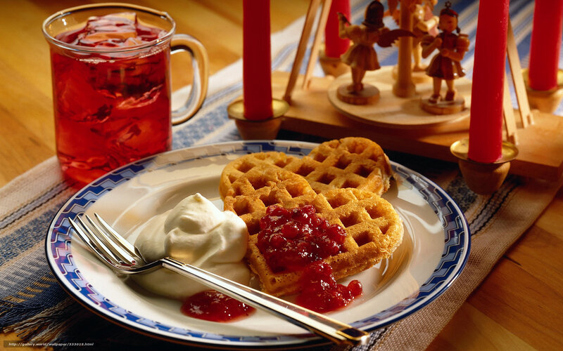 Breakfast with waffles and jam