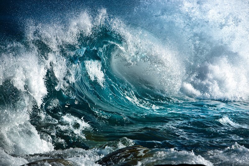 Breaking Ocean Wave — Blue, Dramatic, Afternoon, Photograph, Sea, Foam, Rocks