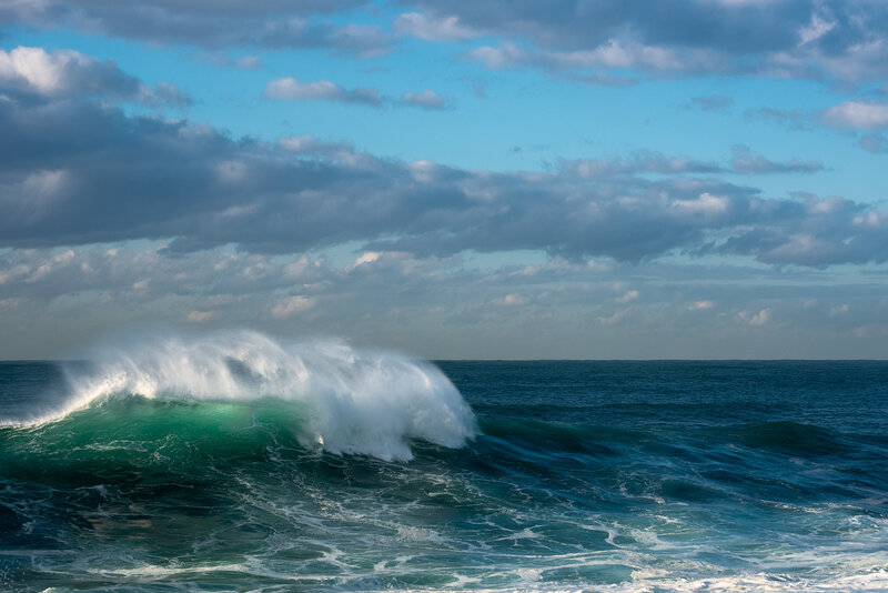 Breaking Ocean Wave — Blue, Dramatic, Afternoon, Photograph, Sky, Clouds