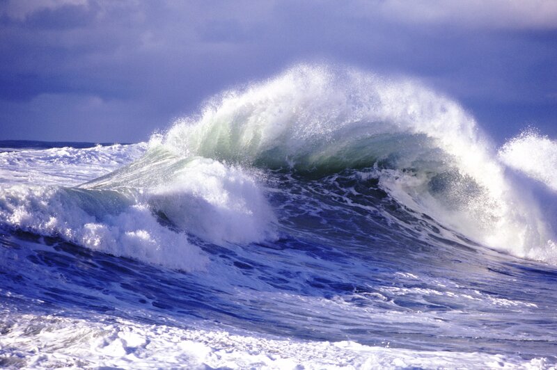 Breaking Ocean Wave — Blue, Dramatic, Photograph, Sky, Foam, White