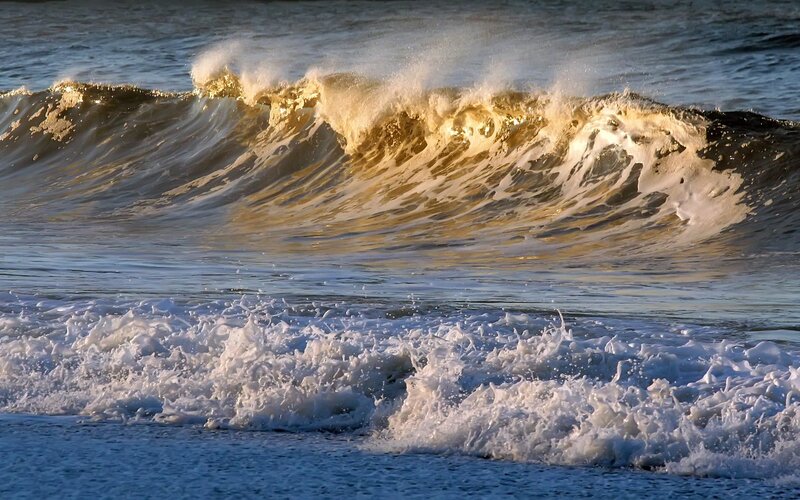 Breaking Ocean Wave — Blue, Dramatic, Sunset, Photograph, Foam, Sea