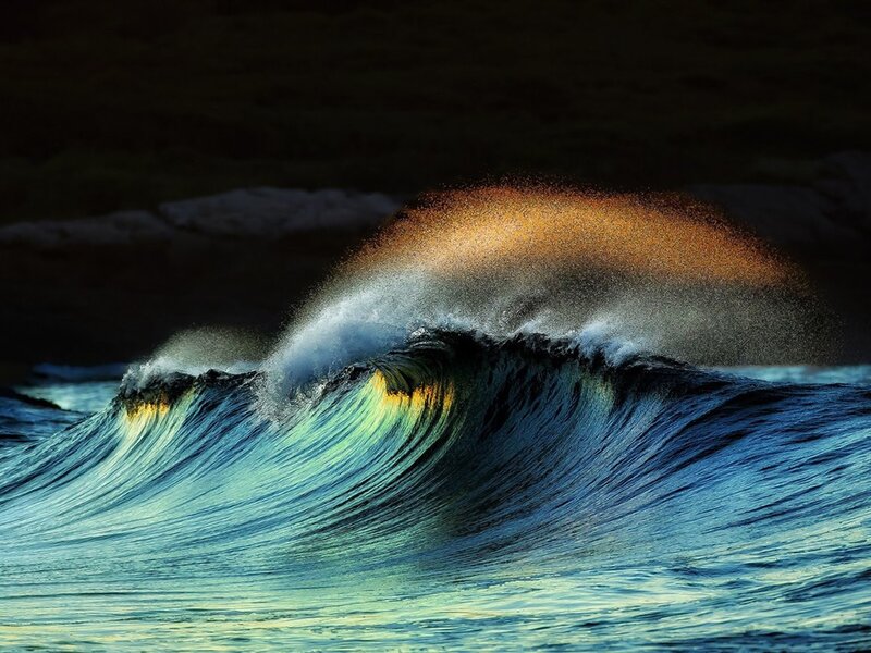 Breaking Ocean Wave — Blue, Dramatic, Sunset, Photograph, Sea Spray