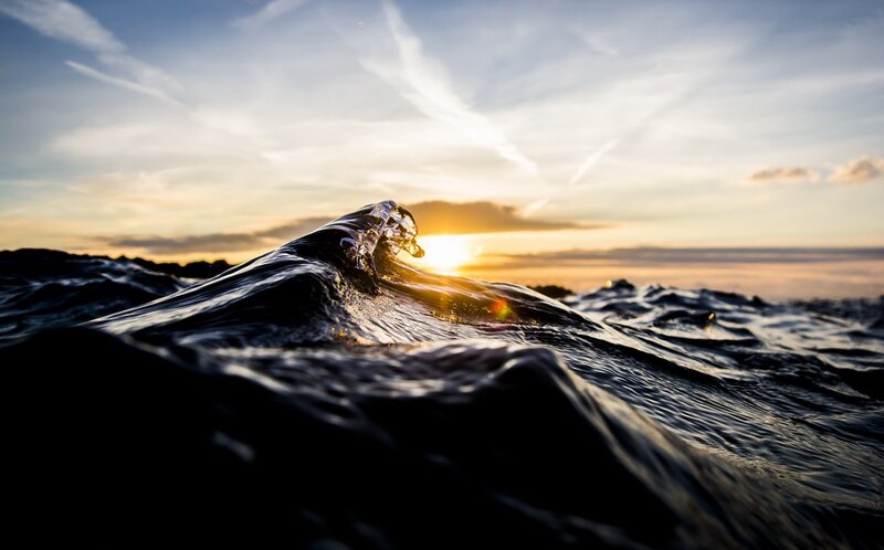Breaking Ocean Wave — Blue, Dramatic, Sunset, Photograph, Sun