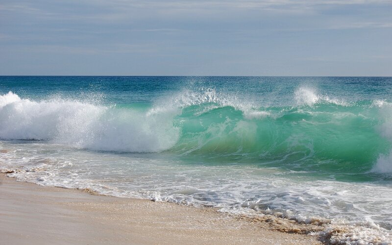 Breaking Ocean Wave — Blue, Dynamic, Afternoon, Photograph, Sand, Sea, Sky