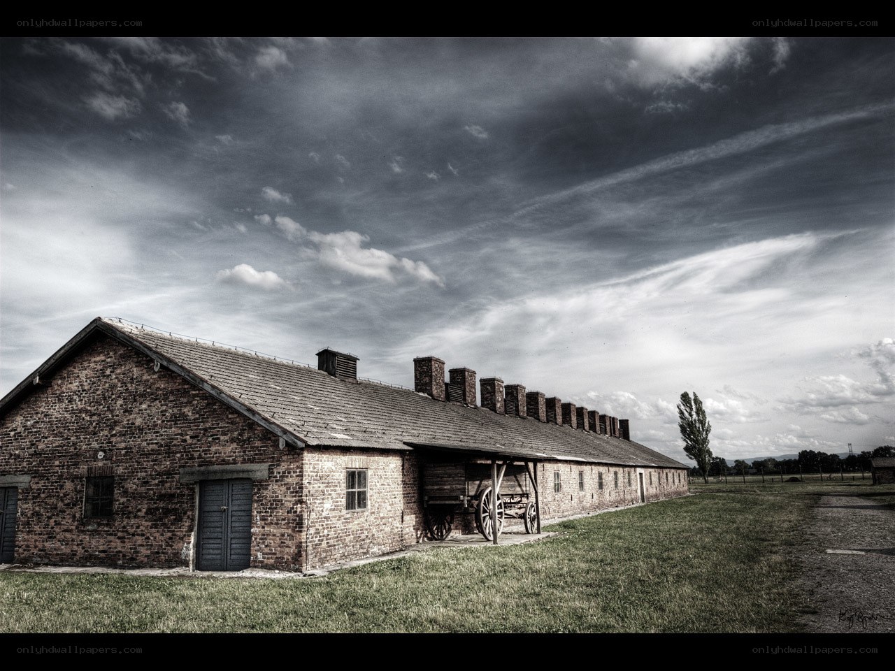 Brick barracks at a concentration camp