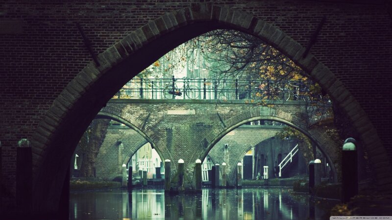 Brick Bridge over Canal — Green, Moody