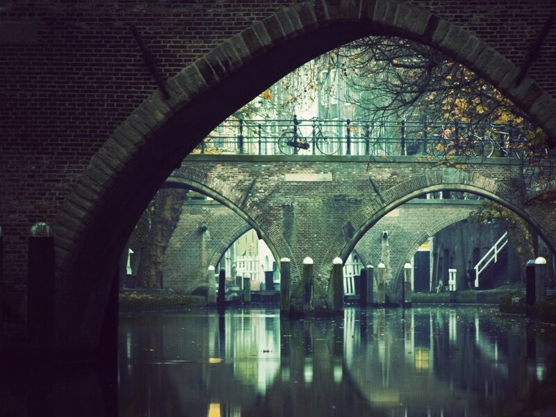 Brick Bridge over Canal — Green, Serene, Autumn