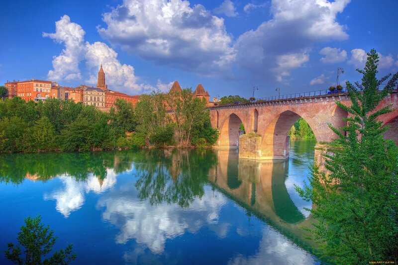 Brick Bridge over River — Blue, Serene