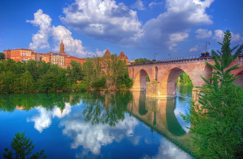 Brick Bridge over River — Blue