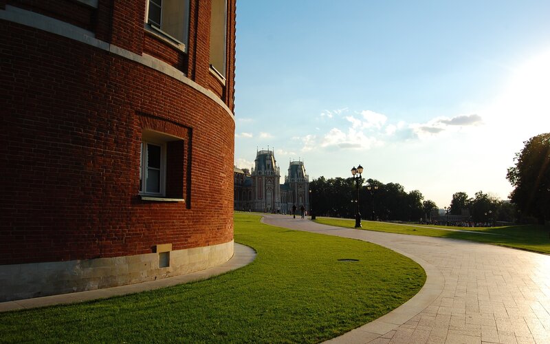 Brick building and park pathway