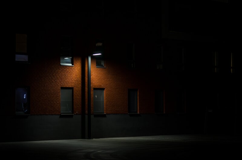 Brick Building at Night — Black, Dark