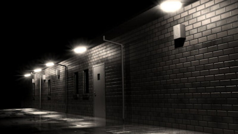 Brick Building at Night — Black