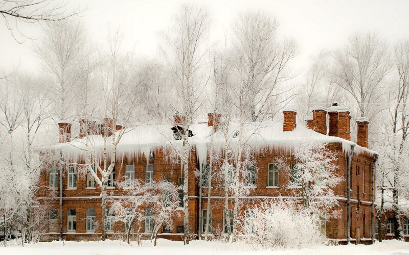 Brick Building in Snow — White