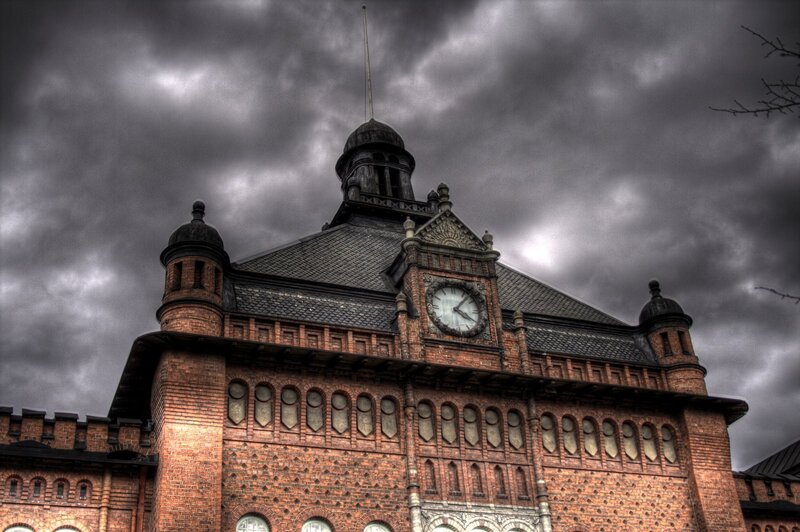 Brick building with clock tower