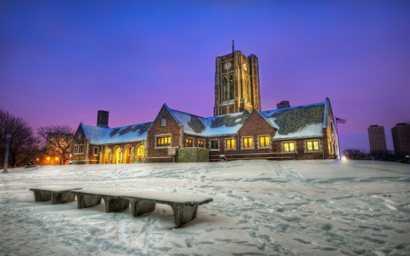 Brick Building with Clock Tower — Purple