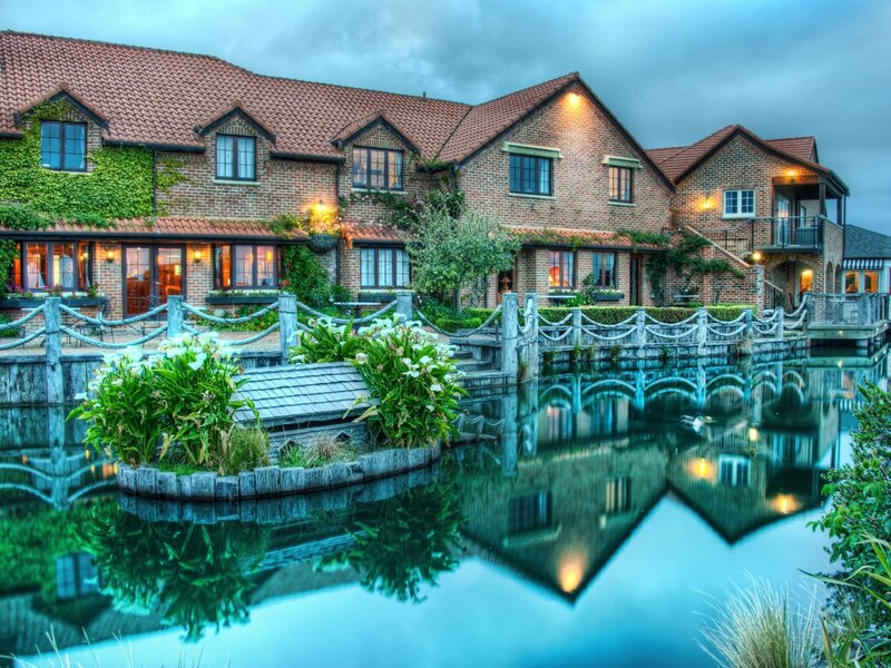 Brick Building with Pond — Blue, Serene