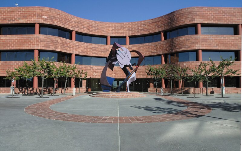 Brick building with sculpture
