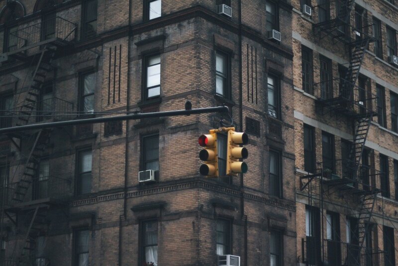 Brick building with traffic light