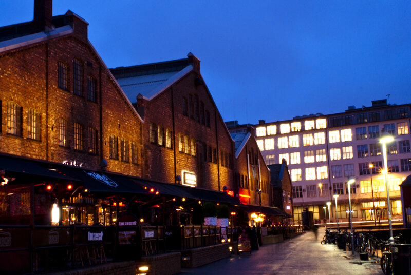 Brick Buildings at Dusk