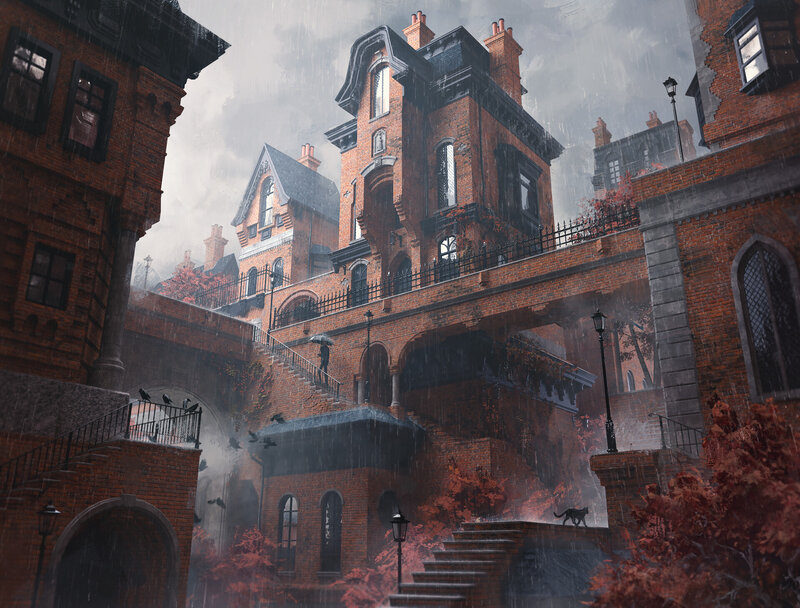 Brick Buildings in Rain