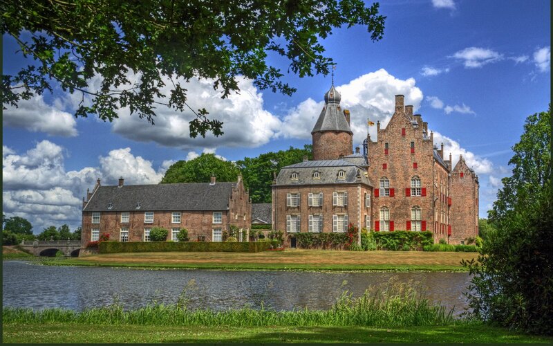 Brick Castle with Moat — Blue, Serene, Afternoon, Photograph
