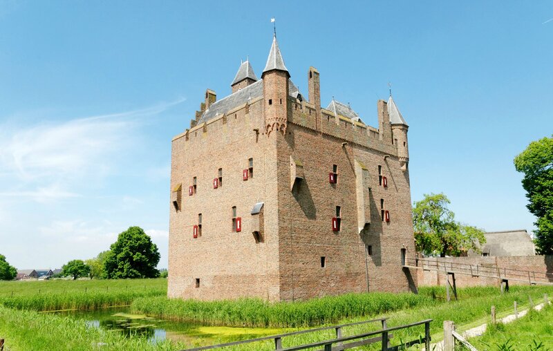 Brick Castle with Moat — Brown, Serene, Afternoon, Photograph, Trees