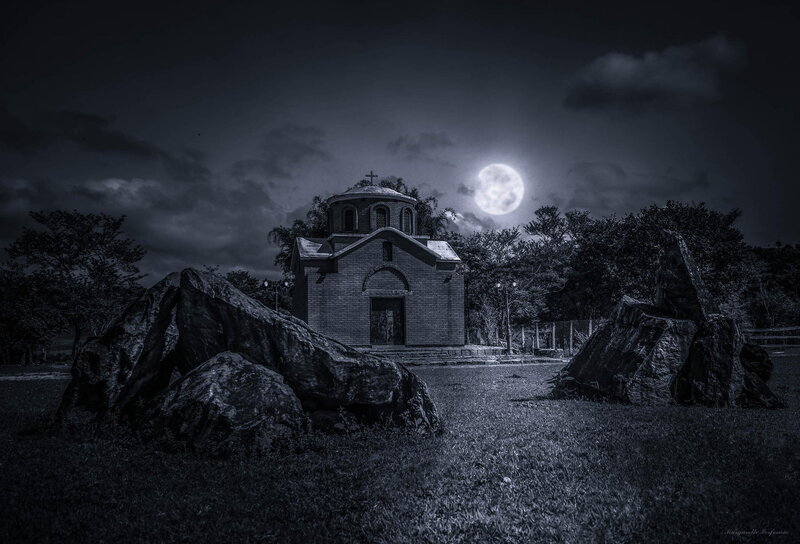 Brick Church at Night — Black