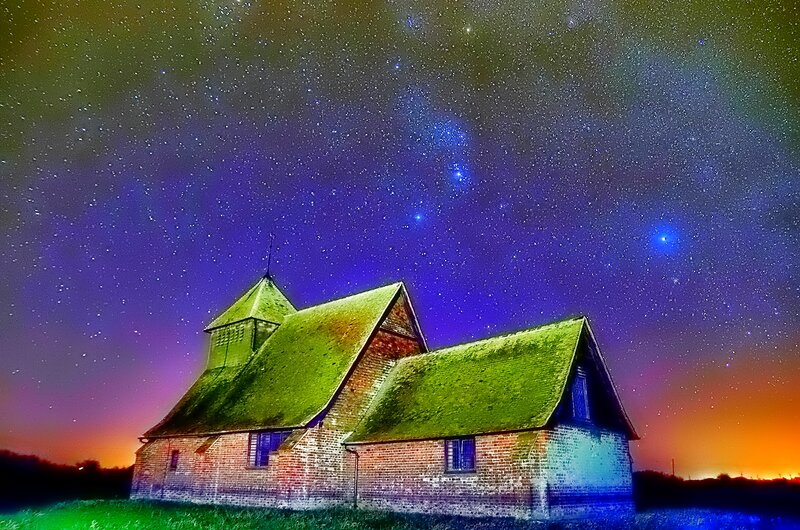 Brick Church at Night — Blue