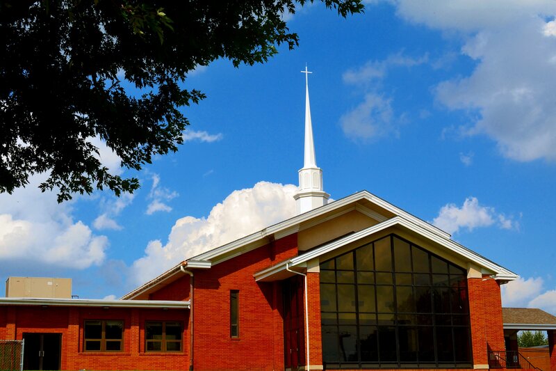 Brick Church Building — Blue, Serene, Afternoon