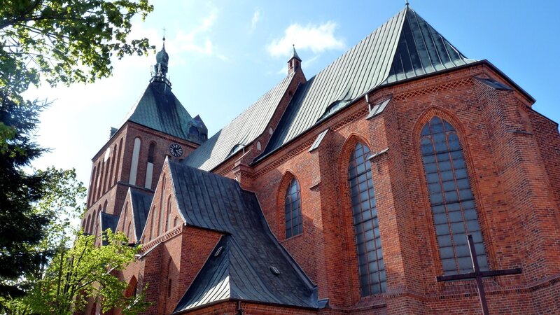 Brick church with green roof