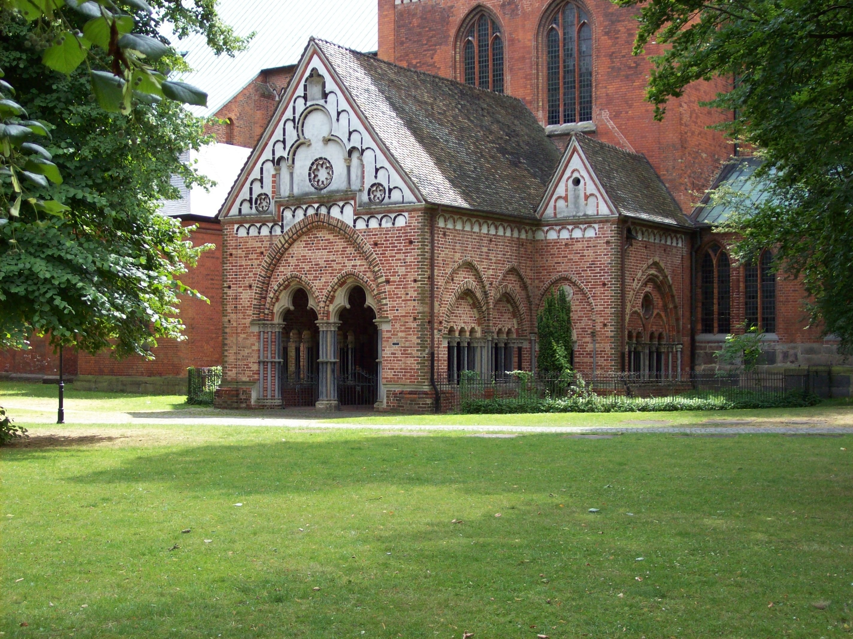 Brick church with ornate facade