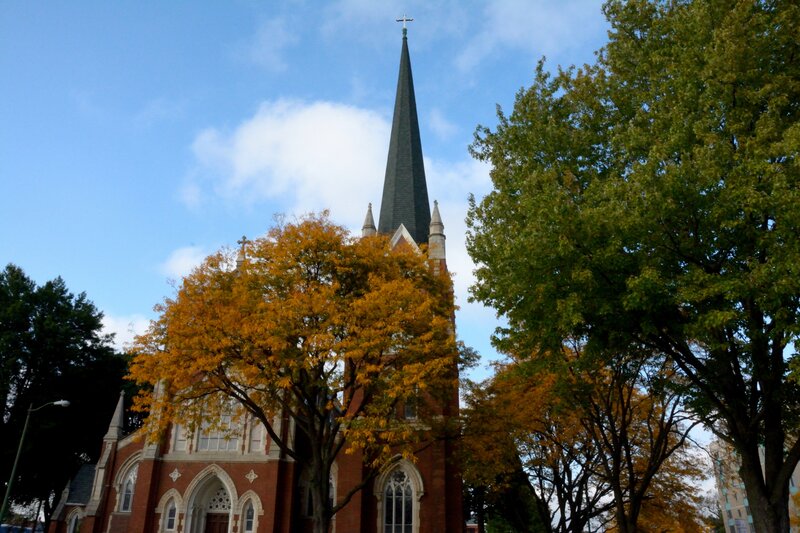 Brick Church with Steeple — Blue