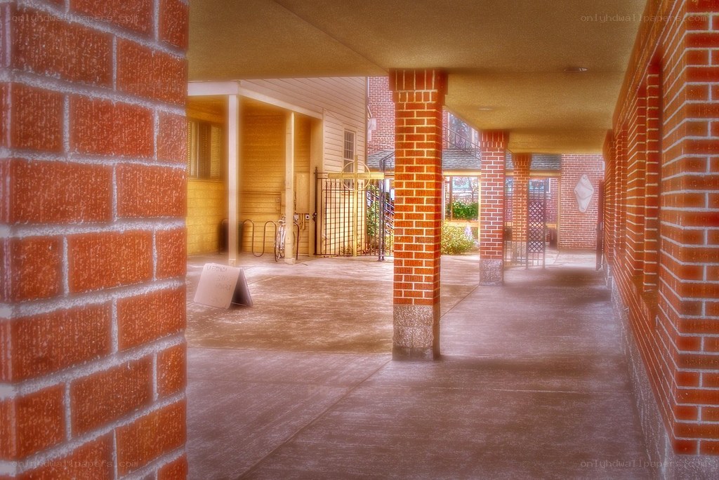 Brick corridor with covered walkway