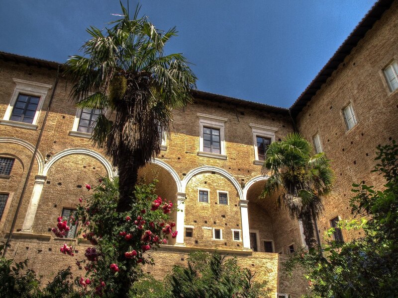 Brick courtyard with palm trees