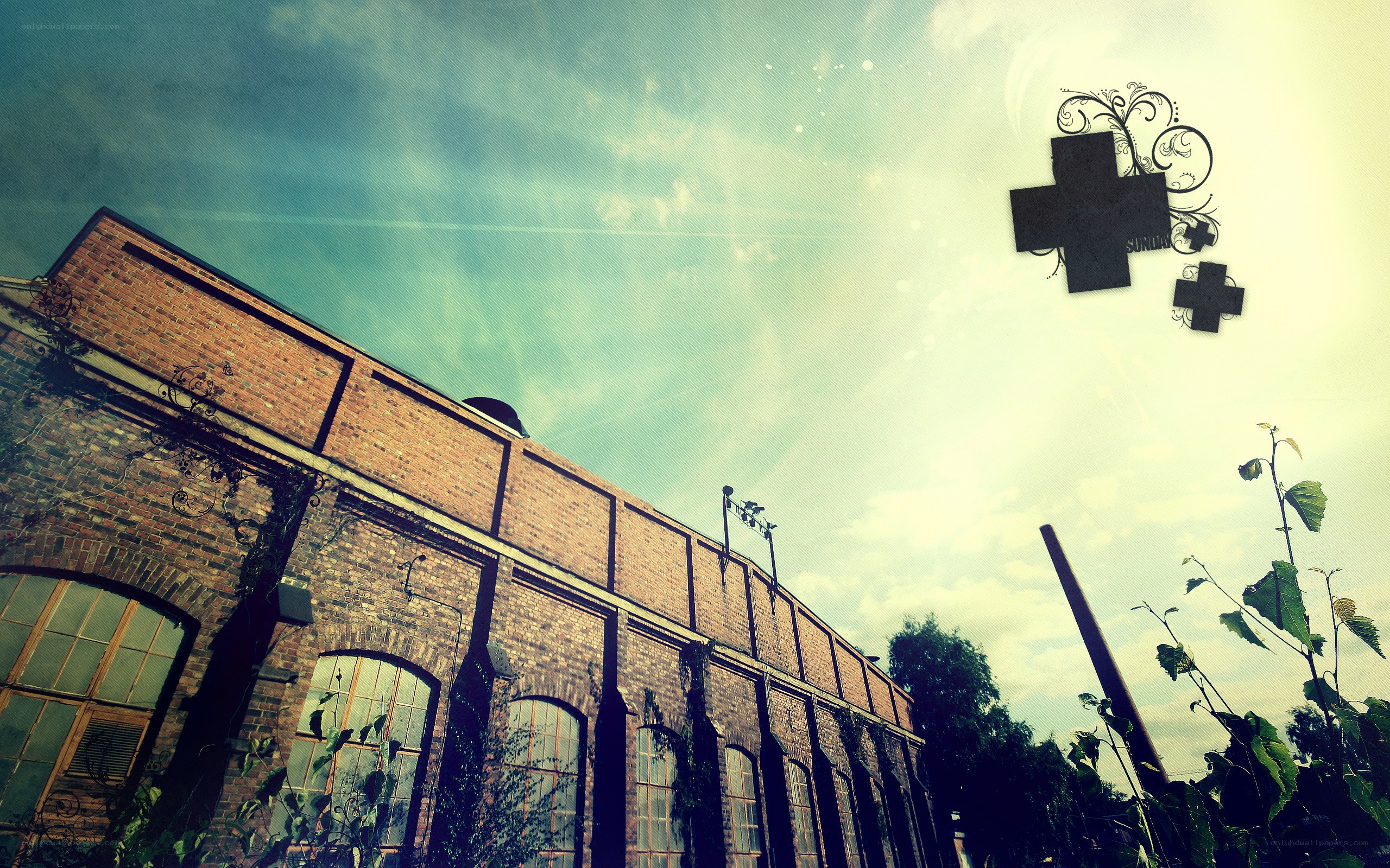 Brick factory under a stylized sky