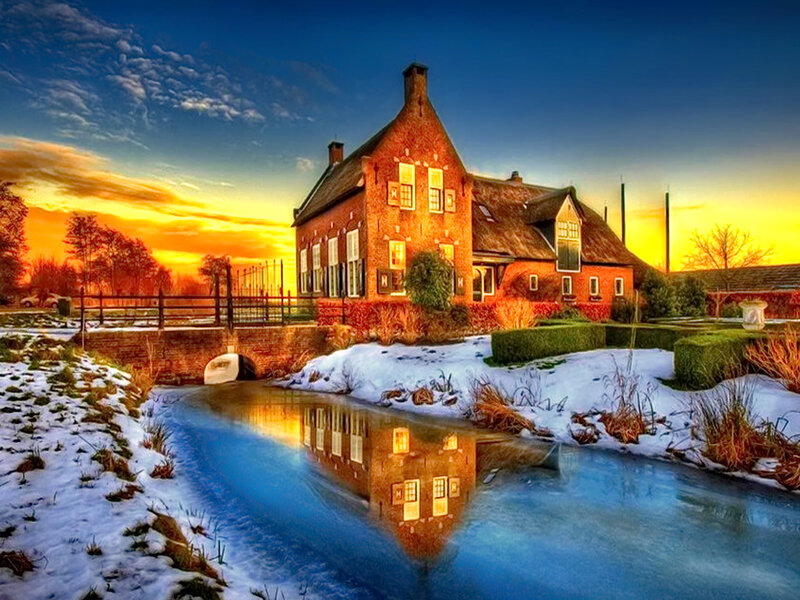 Brick House by Canal — Blue, Dramatic