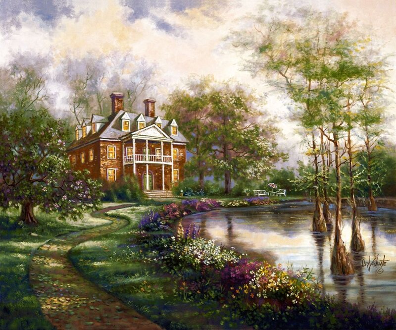 Brick House by Pond — Green, Serene, Afternoon, Painting