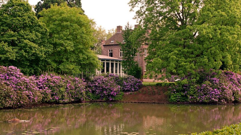 Brick House by Pond — Green, Serene, Spring