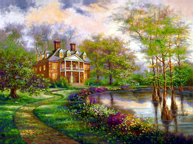 Brick House by Pond — Green, Serene