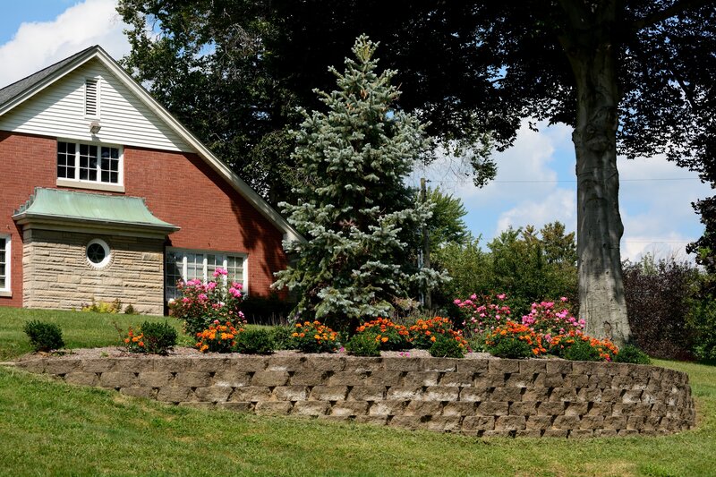 Brick House with Garden — Green, Serene, Afternoon, Photograph, Tree