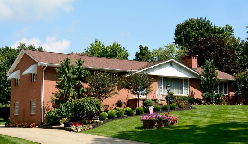 Brick House with Garden — Green, Serene, Afternoon, Photograph, Trees