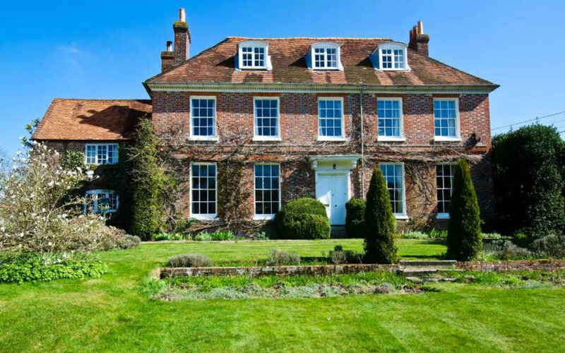 Brick House with Garden — Green, Serene, Afternoon, Photograph, Trees, Windows