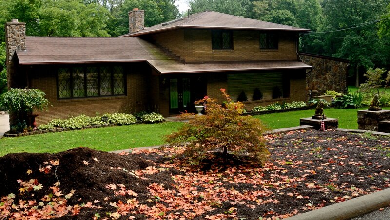 Brick House with Garden — Green, Serene, Autumn, Photograph