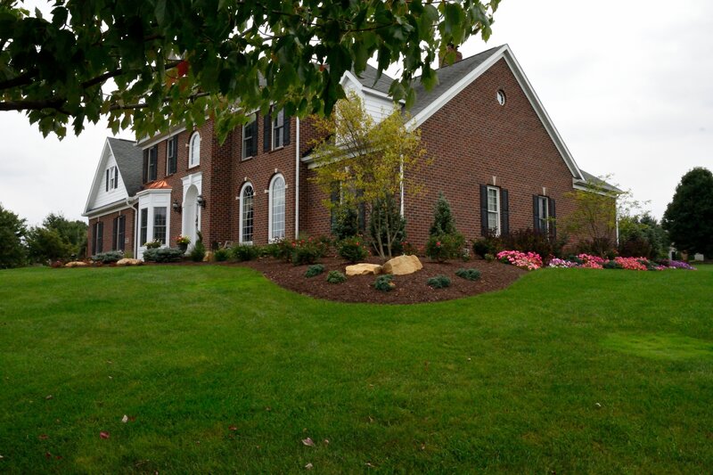 Brick House with Garden — Green, Serene, Autumn, Photograph, Tree