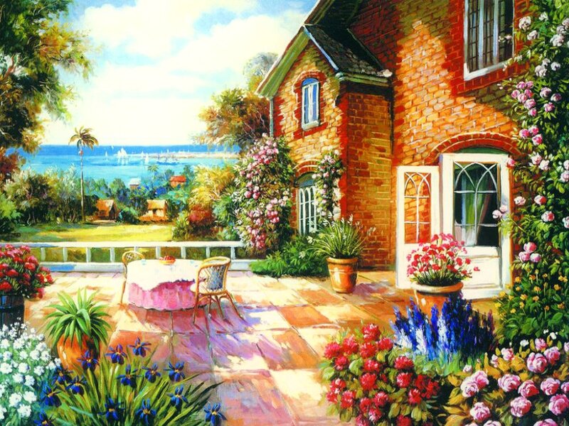 Brick House with Garden — Red, Serene