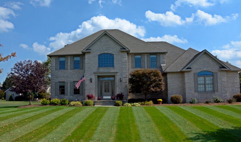 Brick House with Lawn — Green, Serene, Afternoon, Photograph